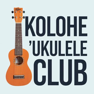 Orange ukulele next to black text reading ’KOLOHE ’UKULELE CLUB’