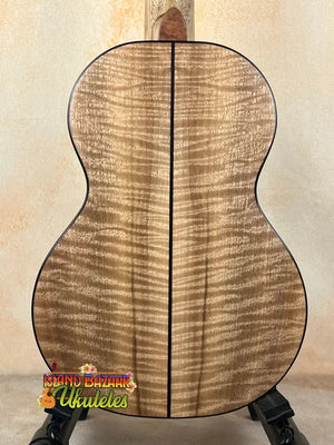 Figured Maple guitar back on Phil Henderson Tenor Ukulele with solid Myrtle ’The Ladder