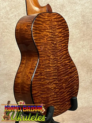 Ornate wooden ukulele from Phil Henderson showcasing the ladder, pch tenor ukulele design