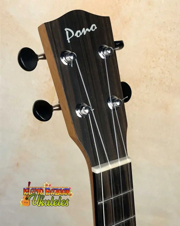 Pono Mango Pineapple Tenor Ukulele MGTP Solid Wood headstock with black tuning pegs