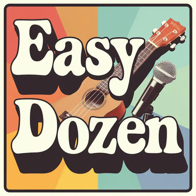 Retro-style logo featuring the words ’Easy Dozen’ with an acoustic guitar and microphone.