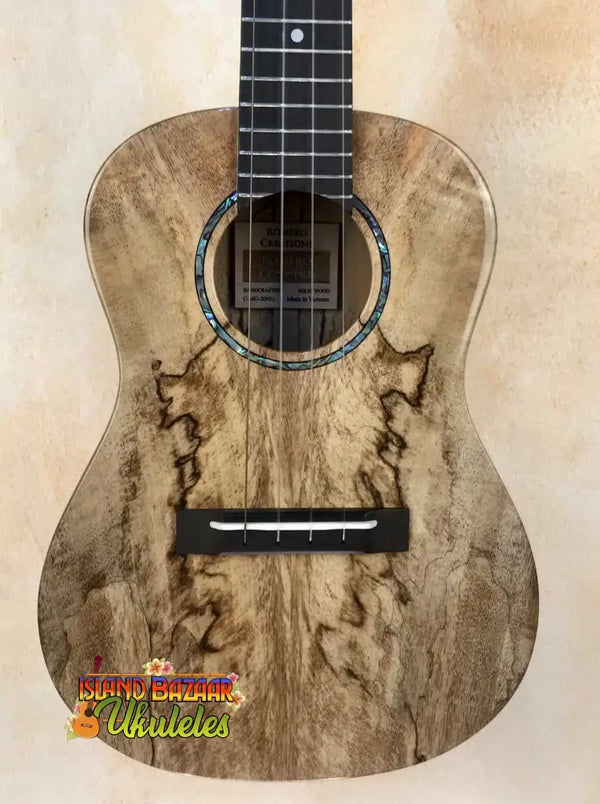 Wooden Romero Creations Concert Ukulele with spalted maple grain patterns and case