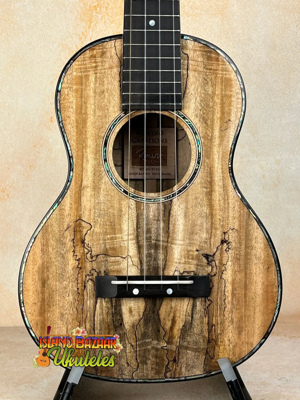 Wooden Romero RC-R-MG Tenor Ukulele in Spalted Mango Signature with abalone inlay detail