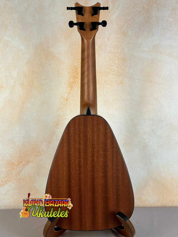 Wooden pineapple-shaped Romero Creations ukulele with dark brown finish and polyfoam case