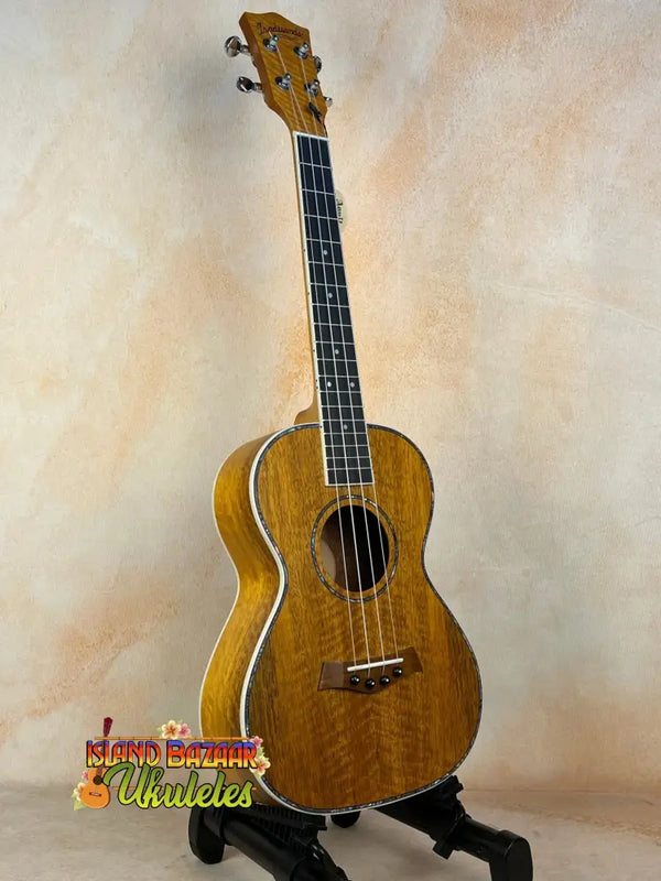 Wooden Tenor Mango Ukulele with natural finish on black stand for beginners bundle