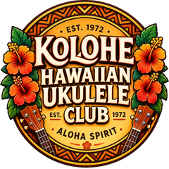 Vibrant orange and red hibiscus flowers with green leaves frame a circular logo for the kolohe hawaiian ukulele club, featuring stylized ukuleles in warm wood tones against an ornate geometric border.