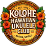Vibrant orange and red hibiscus flowers with green leaves frame a circular logo for the kolohe hawaiian ukulele club, featuring stylized ukuleles in warm wood tones against an ornate geometric border.