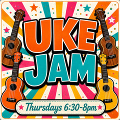 Vibrant orange and teal ’uke jam’ poster featuring four wooden ukuleles with black fretboards, each branded with names like ohana, cordoba, and kala.