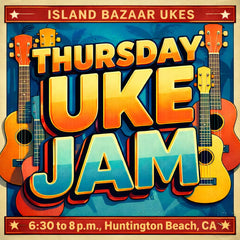 Vibrant orange and yellow ukuleles with wooden fretboards flank bold, gradient-colored text advertising a thursday uke jam event.