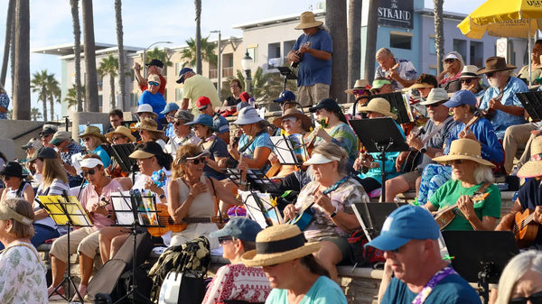 A vibrant outdoor music performance with a crowd of people wearing wide-brimmed hats and casual summer attire, seated under palm trees near a beachside venue.
