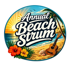 Circular logo for the annual beach strum event, featuring a tropical beach scene with palm trees and hibiscus flowers.