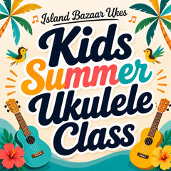 Vibrant turquoise and yellow ukuleles with wooden fretboards and tuning pegs, framed by tropical palm leaves and flowers in a cheerful summer-themed design
