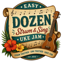Vintage-style wooden ukulele with a natural wood finish and dark brown fretboard, nestled beside tropical flowers on an illustrated scroll banner.