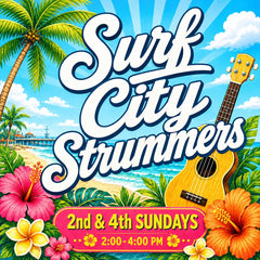 A wooden ukulele with a natural finish and black fretboard, positioned against a tropical beach backdrop.