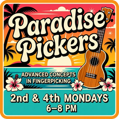 Wooden ukulele with a natural finish and black tuning pegs, set against a tropical sunset backdrop.