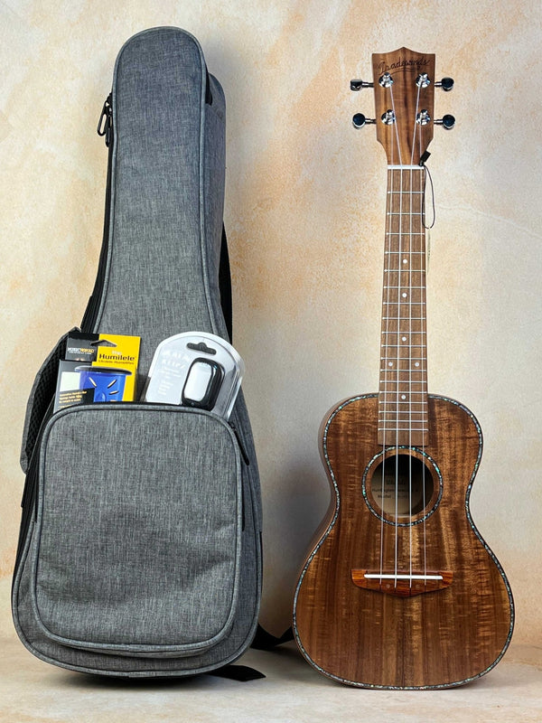 Concert Acacia Ukulele Beginners Bundle Uke, Case, Strap, Tuner & More - Island Bazaar Ukes